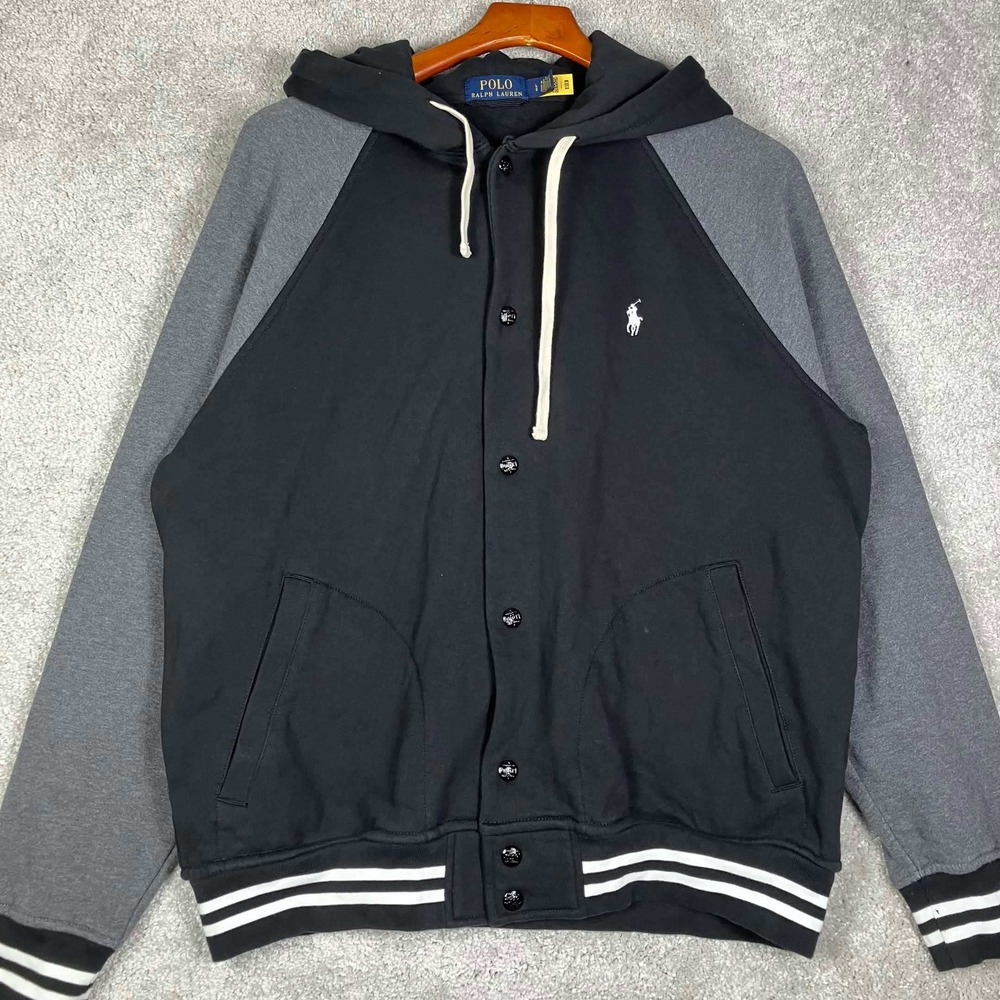 Polo Ralph Lauren Varsity Snap Hoodie Jacket Mens L Gray Black Fleece Pockets
